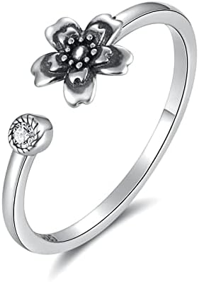 เงินสเตอร์ลิงวินเทจดอกไม้ช้อนแหวน925ปรับดอกเชอร์รี่ย้อนยุคช้อนชาแหวนดอกไม้ของขวัญส