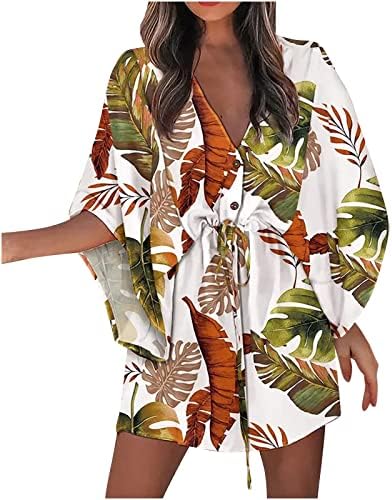 ชุดโบฮีเมียนสำหรับผู้หญิงฤดูร้อนของผู้หญิง 3/4 แขนเสื้อ V Neck Holiday Dress Boho Print Drawstring Sun Beach